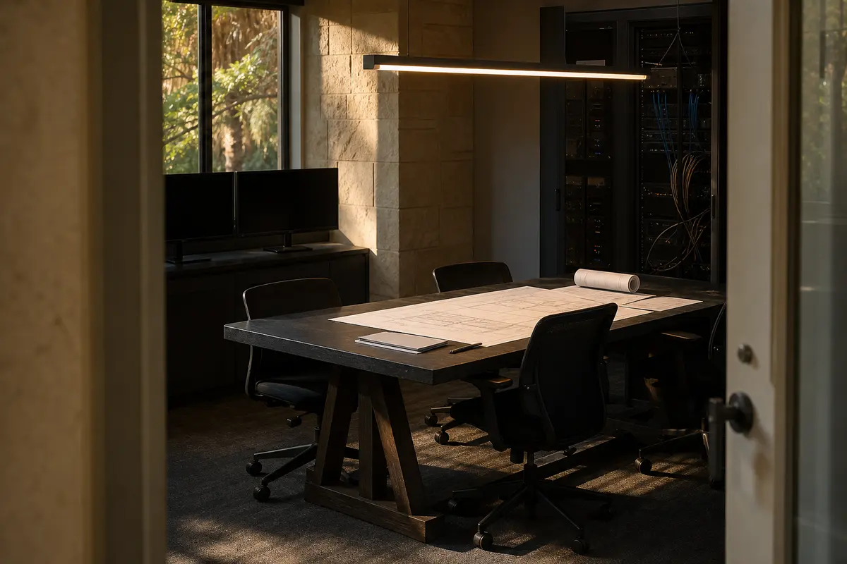 Editorial platform planning scene for Dedicated Hosting in Home Gardens, California