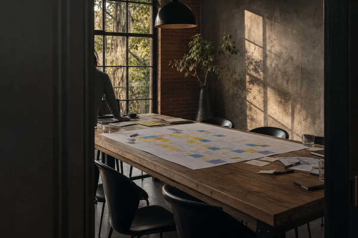 Editorial marketing planning scene for Rancho Calaveras, California