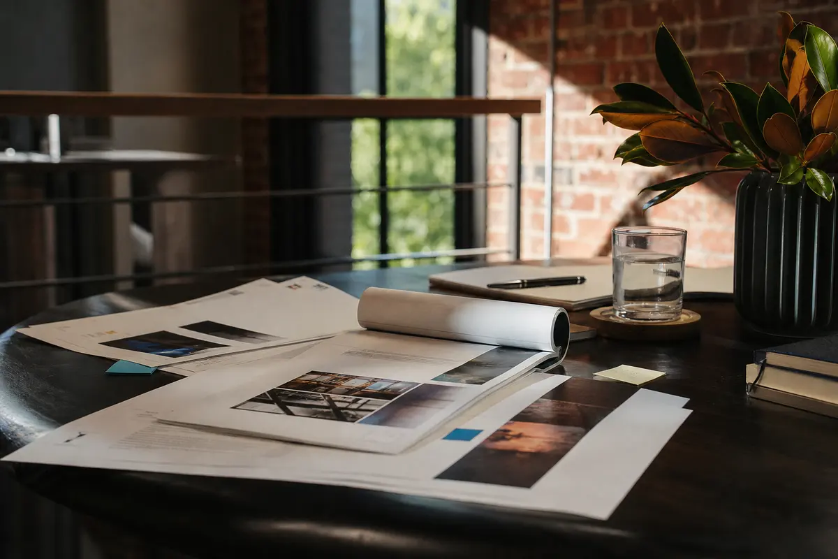 Editorial marketing planning scene for AI SEO in Rosedale, California