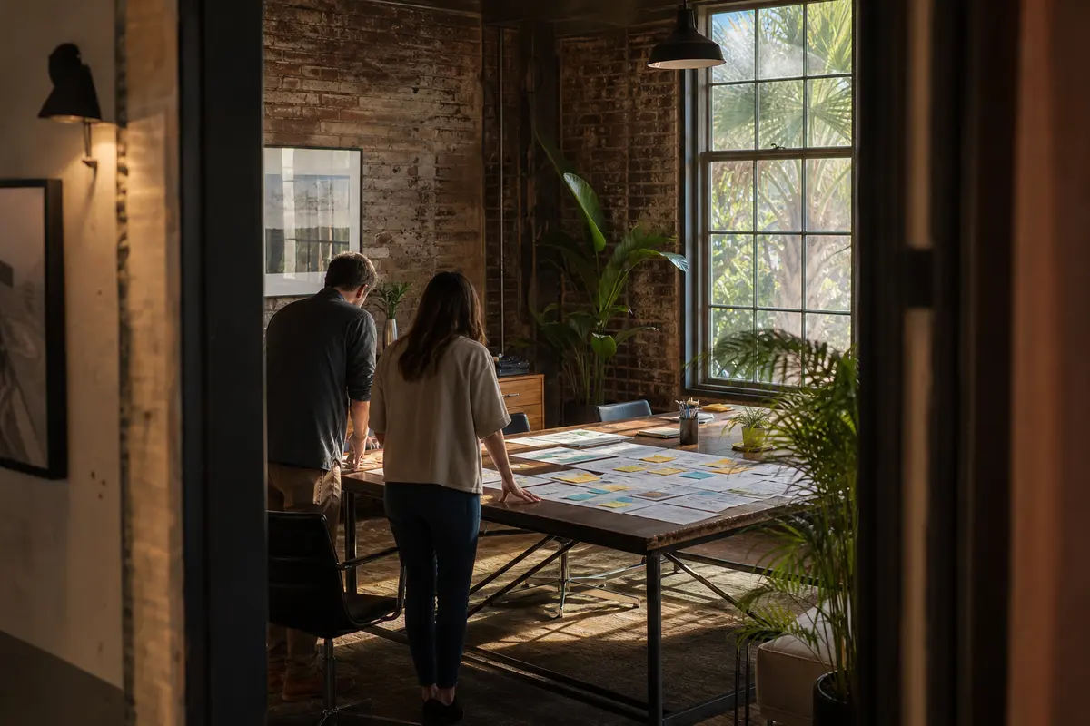 Editorial marketing planning scene for AI SEO in Geneseo, Illinois