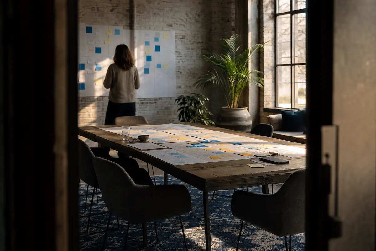 Editorial marketing planning scene for AI SEO in Anamosa, Iowa