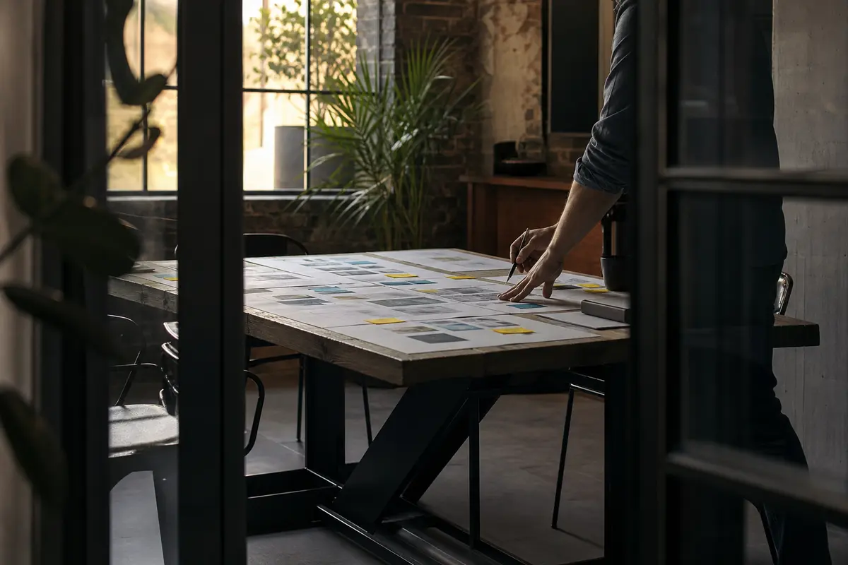 Editorial marketing planning scene for AI SEO in Muscatine, Iowa