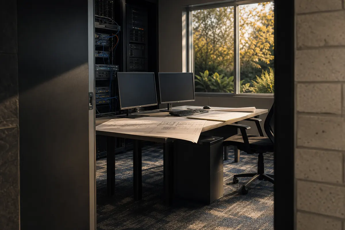 Editorial platform planning scene for Dedicated Hosting in Mount Rainier, Maryland