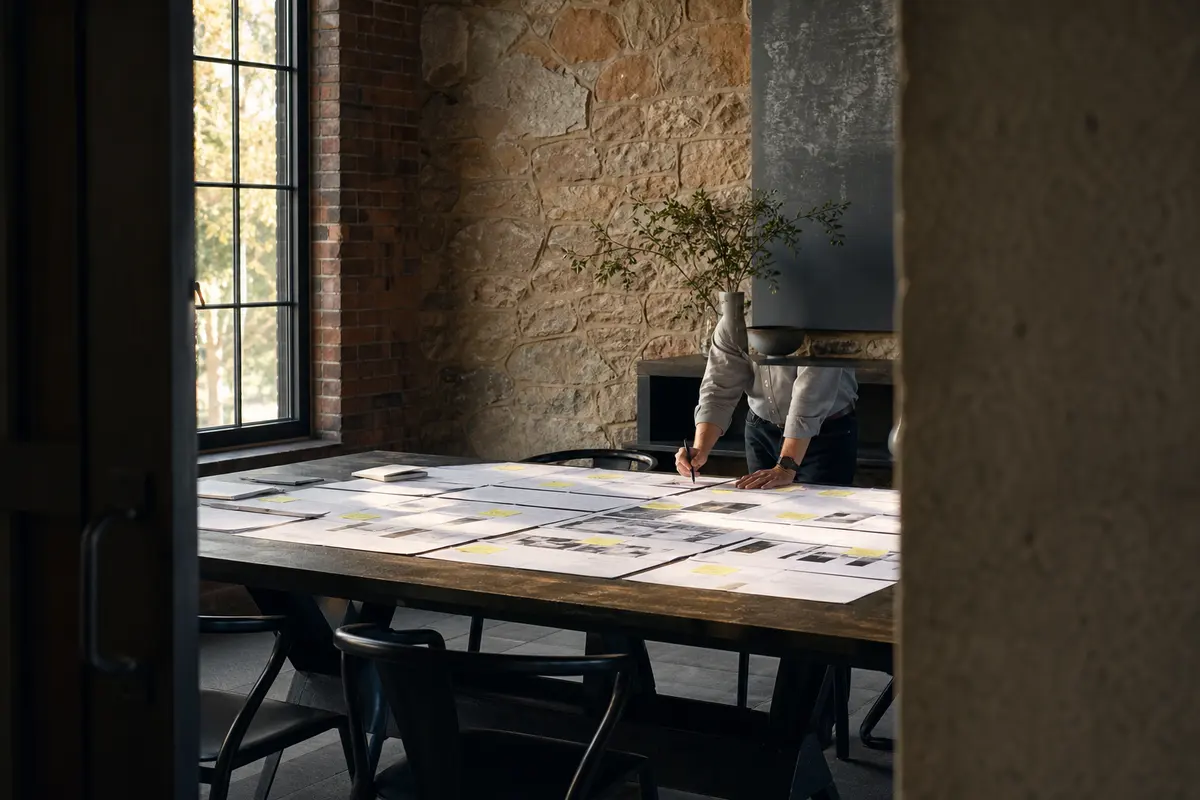 Editorial marketing planning scene for AI SEO in Branson, Missouri
