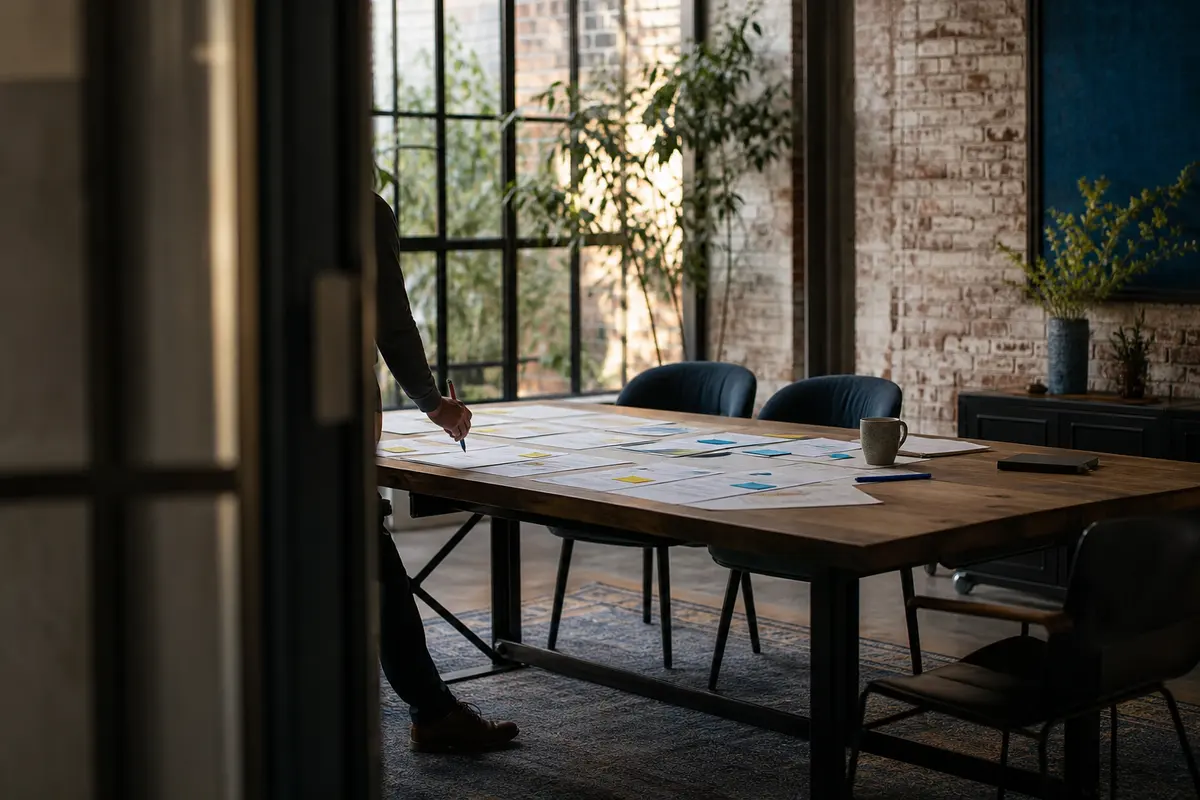 Editorial marketing planning scene for AI SEO in Clayton, Missouri