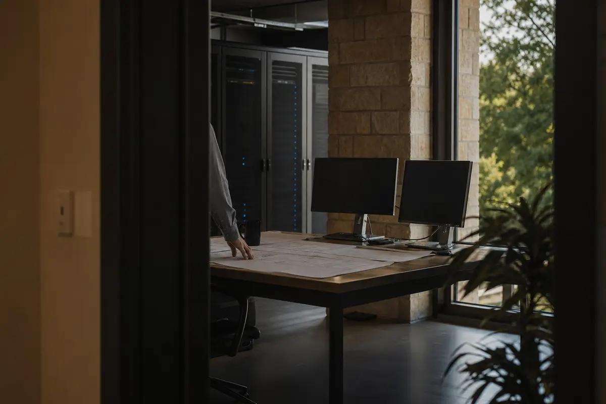 Editorial platform planning scene for Dedicated Hosting in Manchester, Missouri