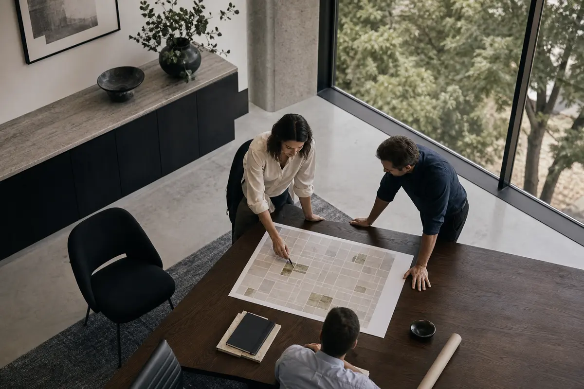 Editorial marketing planning scene for AI SEO in O'Fallon, Missouri
