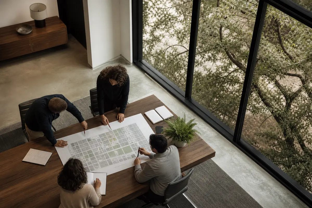 Editorial marketing planning scene for AI SEO in Columbus, Nebraska