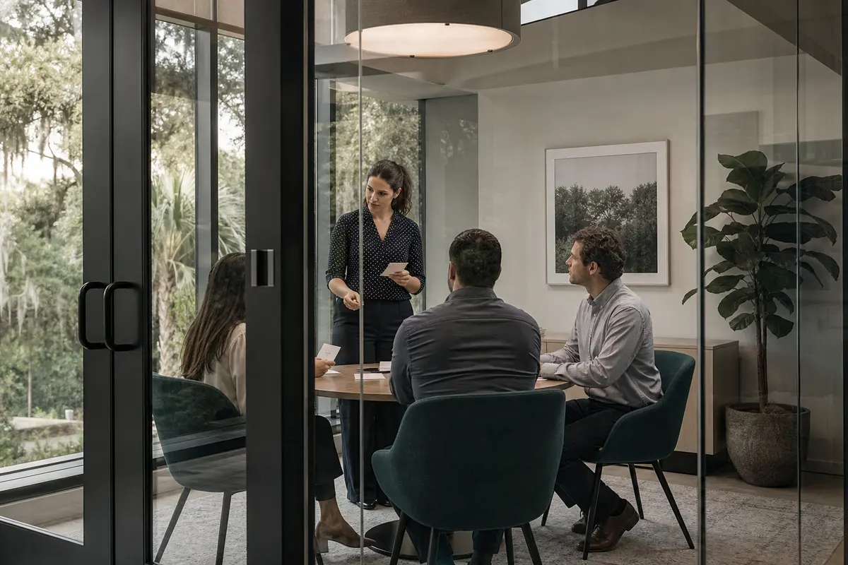 Editorial intake planning scene for AI Answering in Great Neck Plaza, New York
