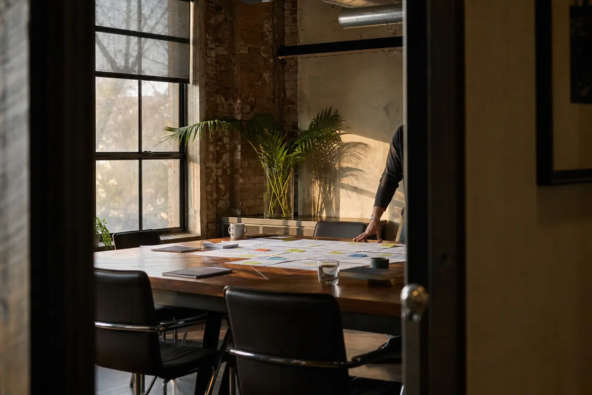 Editorial marketing planning scene for AI SEO in Great Neck Plaza, New York