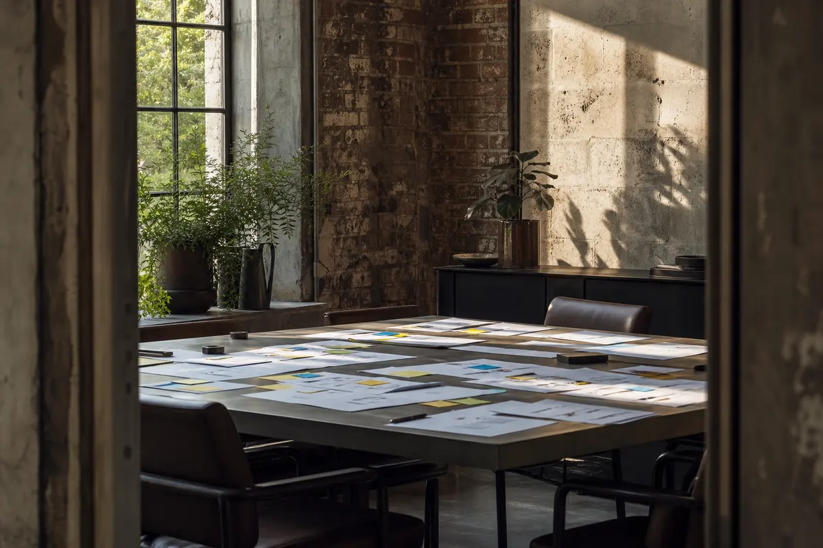 Editorial marketing planning scene for AI SEO in Uhrichsville, Ohio
