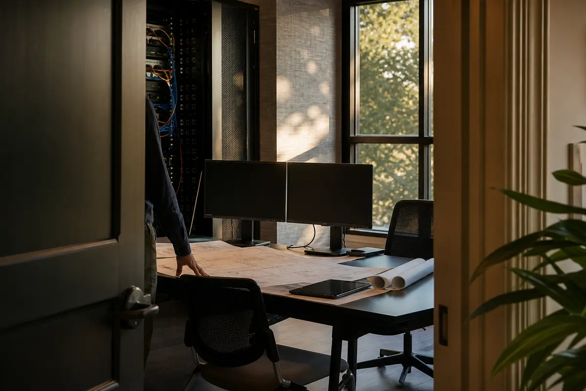 Editorial platform planning scene for Dedicated Hosting in Warren, Rhode Island