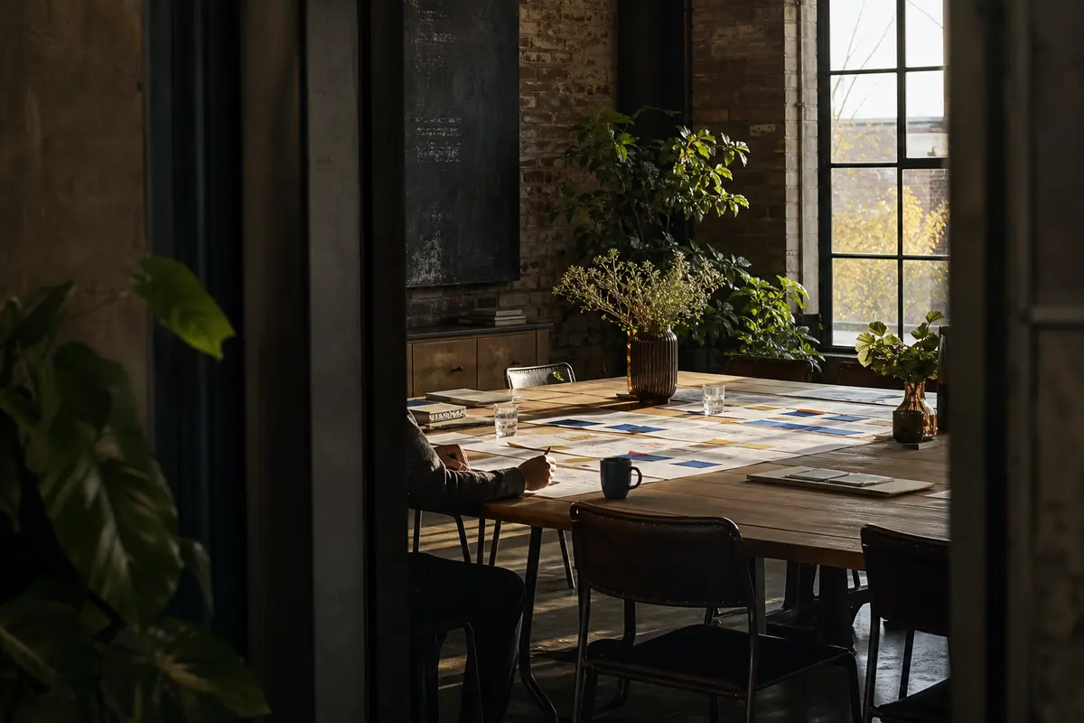 Editorial marketing planning scene for AI SEO in Charlestown, Rhode Island
