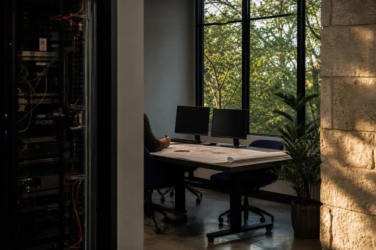 Editorial platform planning scene for Dedicated Hosting in Flower Mound, Texas