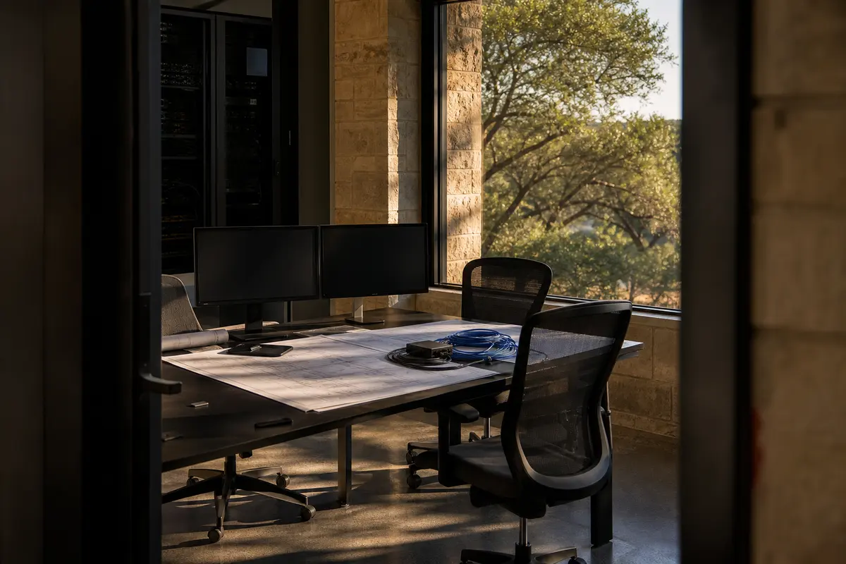 Editorial platform planning scene for Dedicated Hosting in Steiner Ranch, Texas