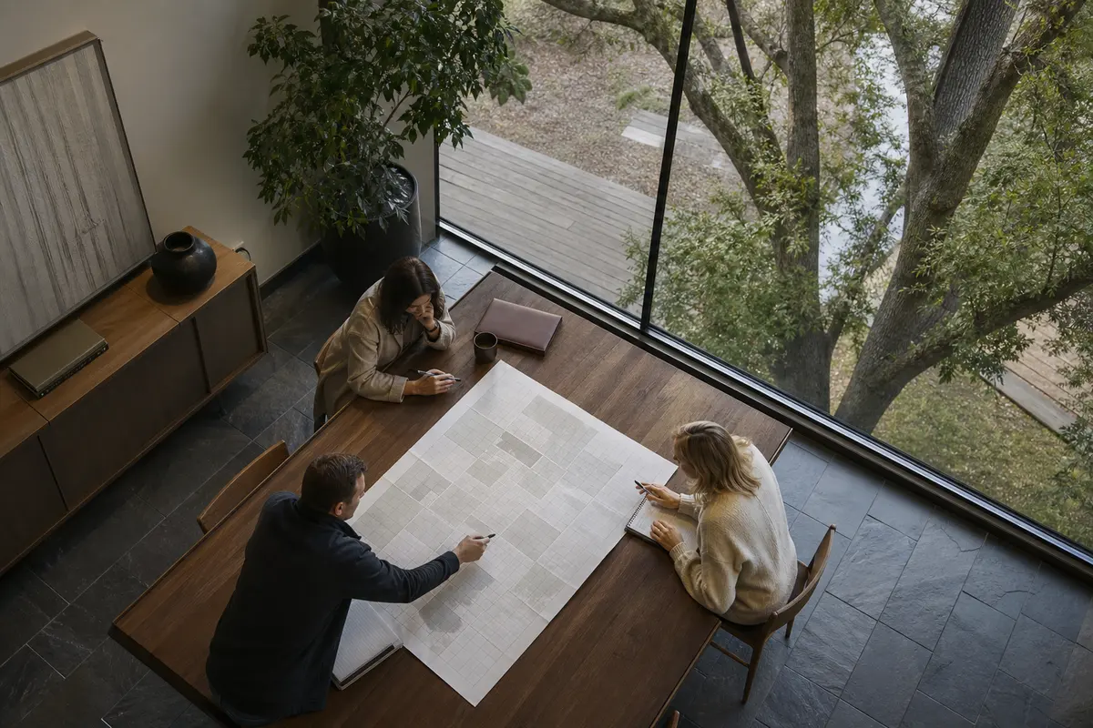 Editorial marketing planning scene for AI SEO in Elkhorn, Wisconsin
