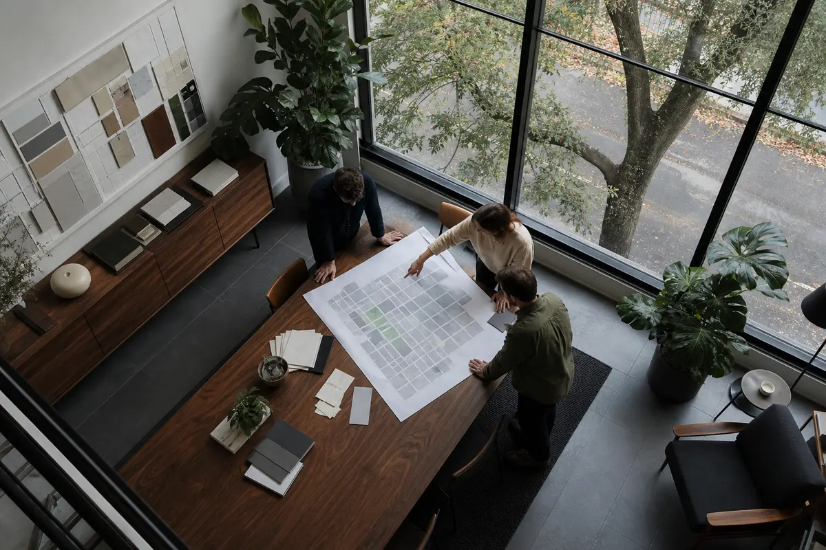 Editorial marketing planning scene for AI SEO in Kaukauna, Wisconsin