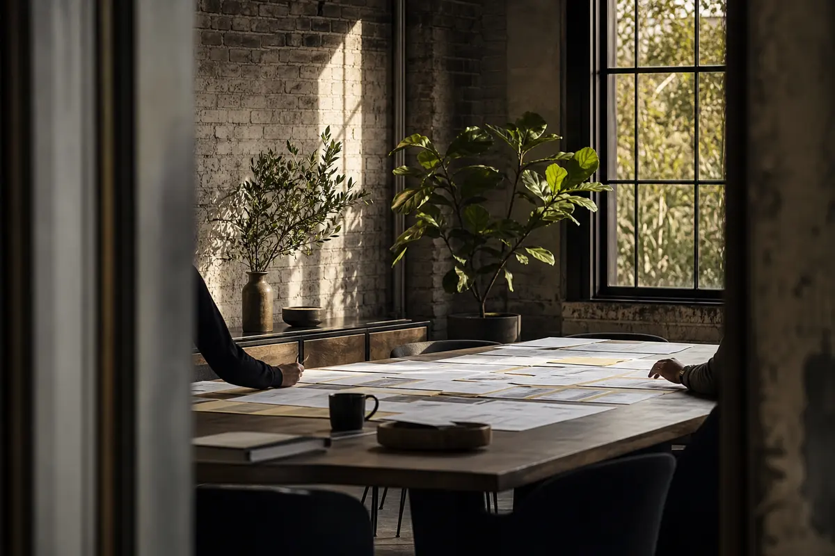Editorial marketing planning scene for AI SEO in Port Washington, Wisconsin