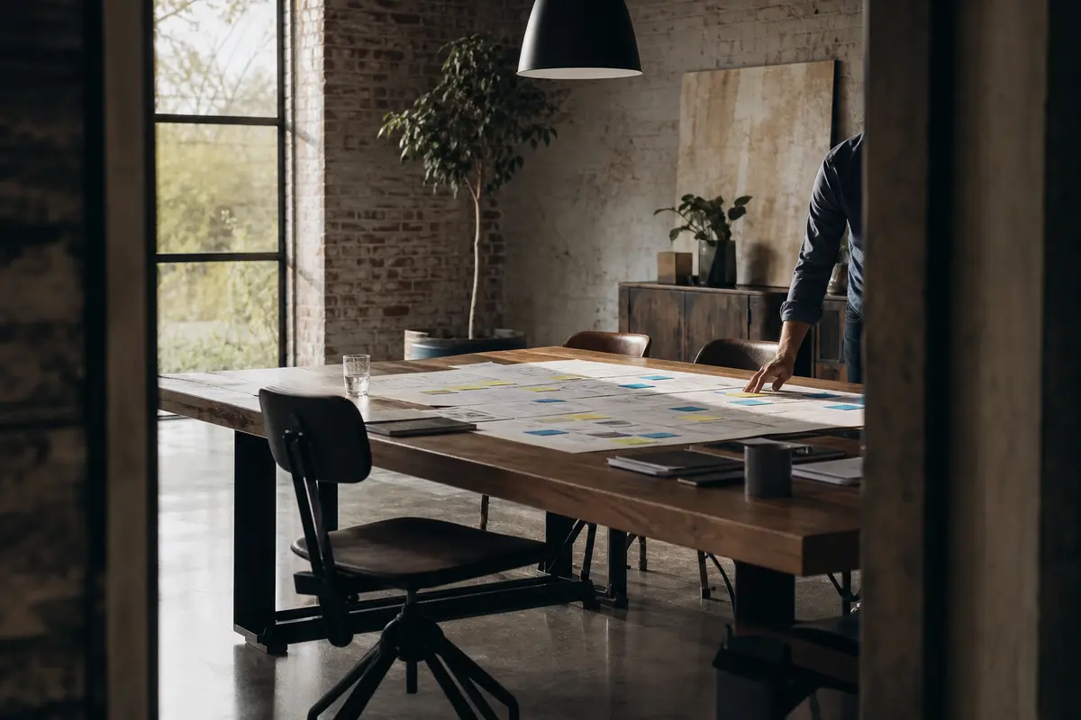 Editorial marketing planning scene for AI SEO in Rhinelander, Wisconsin