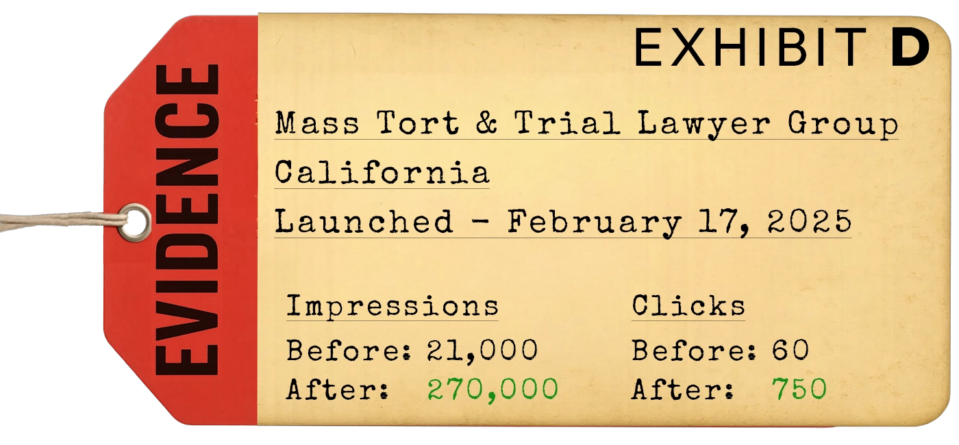 Exhibit D launch evidence for Mass Tort & Trial Lawyers · California